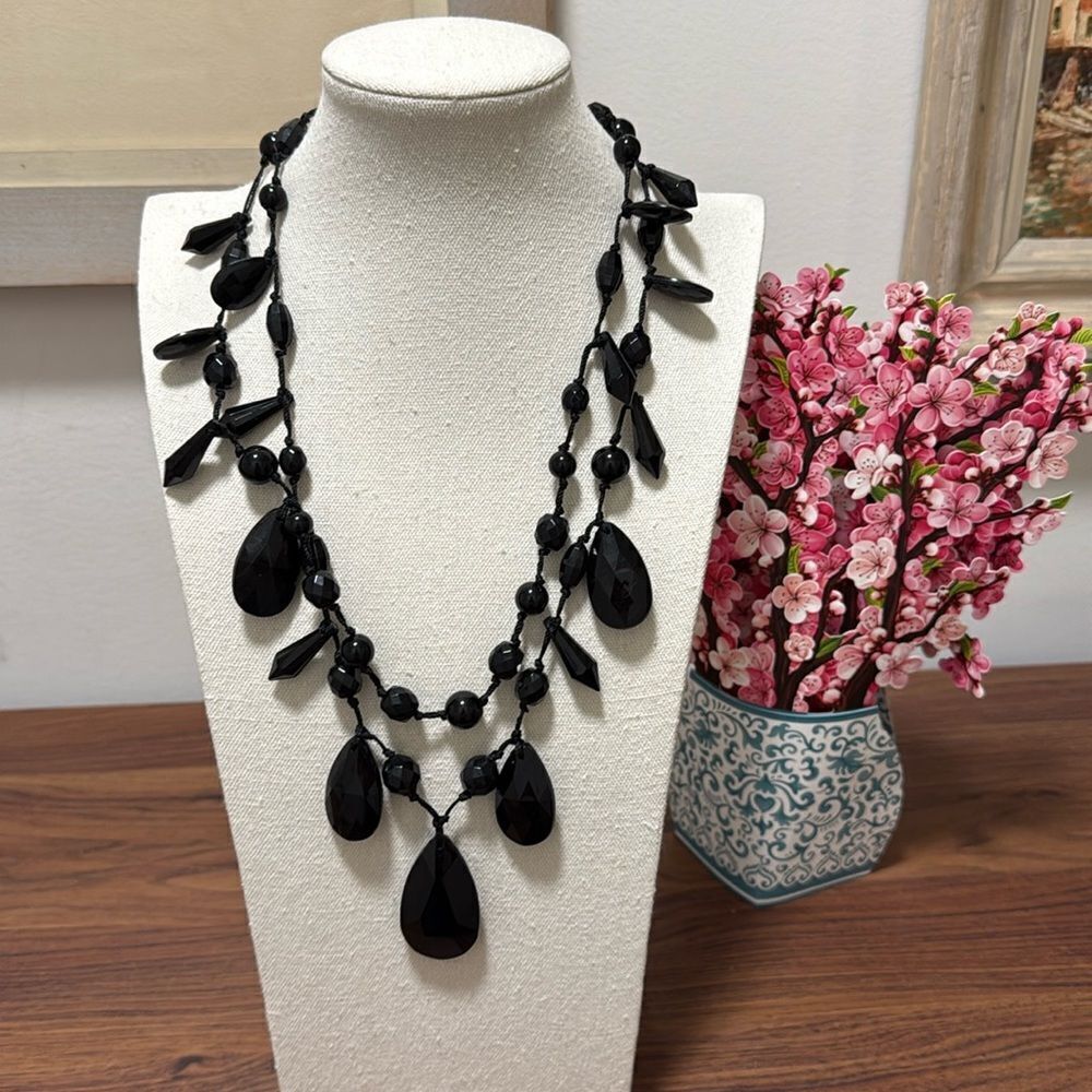 Joan Rivers Signed Vintage Black Lucite Hand Knotted Faceted Bead Necklace.